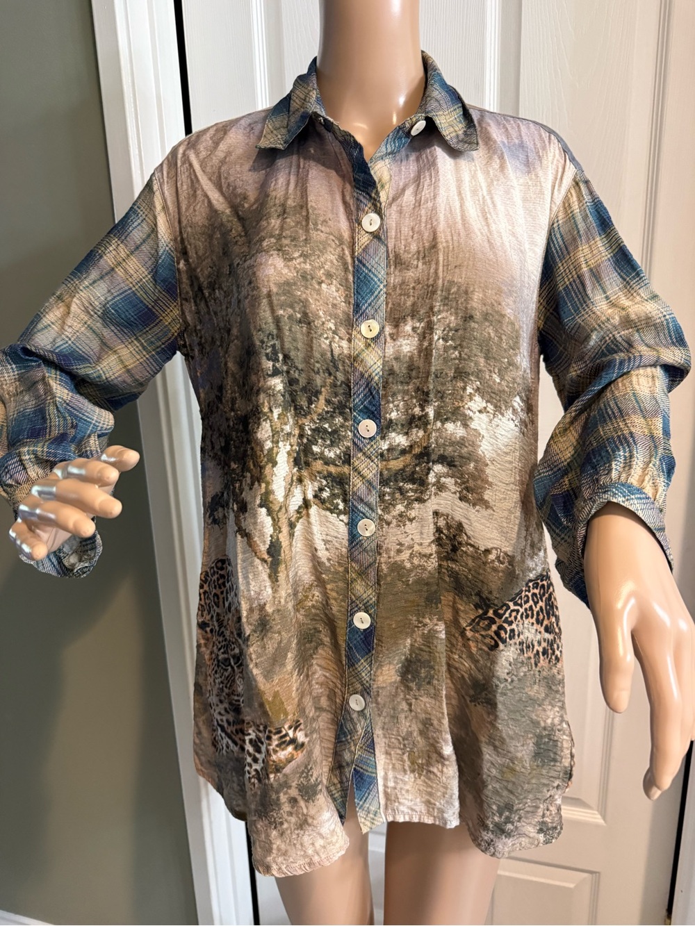 John Mark Boho Leopard Jungle Print Blouse Colorful Safari Womens S Oversized
